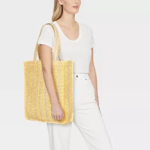Universal Thread Crochet Woven Handbag Yellow Beige Tote Single Compartment - Picture 2 of 11
